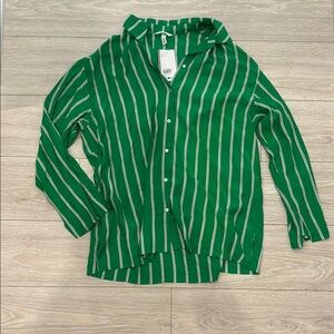 H&M Oversized Green Striped Button-Up Shirt